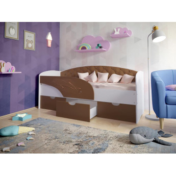Детская кровать Дельфин с мягкой спинкой белый/коричневый Детская кровать Дельфин с мягкой спинкой белый/коричневый