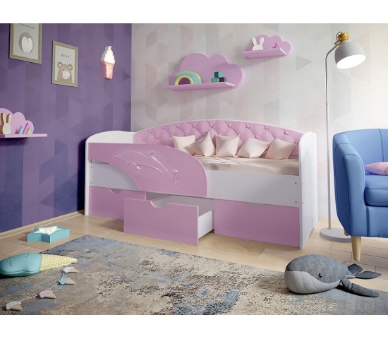 Детская кровать Дельфин с мягкой спинкой белый/розовый