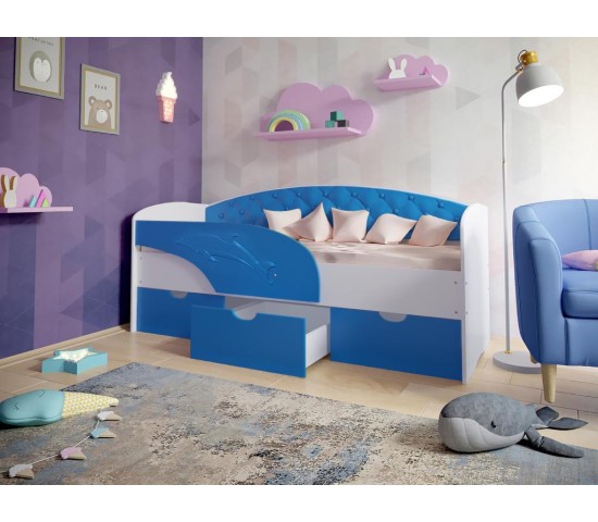 Детская кровать Дельфин с мягкой спинкой белый/голубой