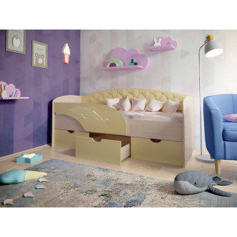 Детская кровать Дельфин с мягкой спинкой дуб молочный/ваниль Детская кровать Дельфин с мягкой спинкой дуб молочный/ваниль