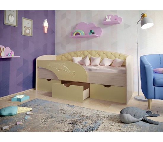 Детская кровать Дельфин с мягкой спинкой дуб молочный/ваниль
