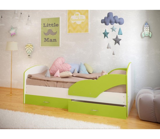 Детская кровать Максимка с двумя ящиками белый/лайм