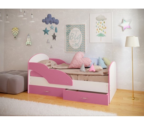 Детская кровать Максимка с двумя ящиками белый/розовый