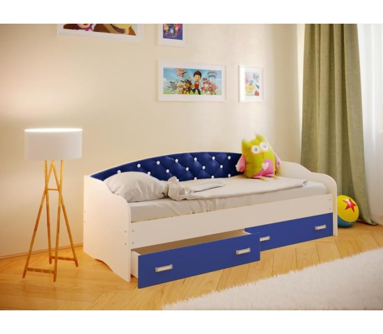 Кровать Софа с мягкой спинкой белый/голубой