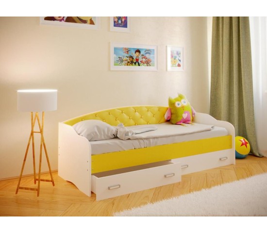 Кровать Софа с мягкой спинкой млечный дуб/желтый