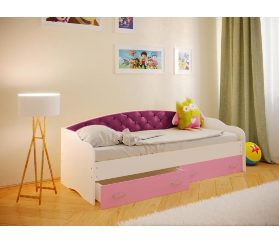 Кровать Софа с мягкой спинкой млечный дуб/розовый