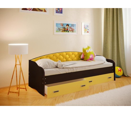 Кровать Софа с мягкой спинкой венге/желтый