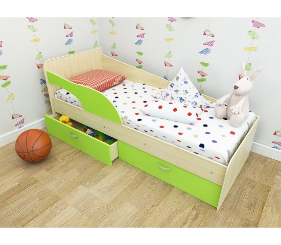 Детская кровать Антошка млечный дуб/салатовый