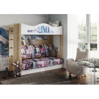 Двухъярусная кровать Сити с диваном дуб сонома/белый 