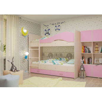 Двухъярусная кровать Мая с ящиками млечный дуб/розовый