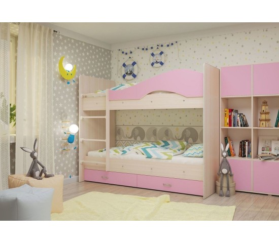 Двухъярусная кровать Мая с ящиками млечный дуб/розовый