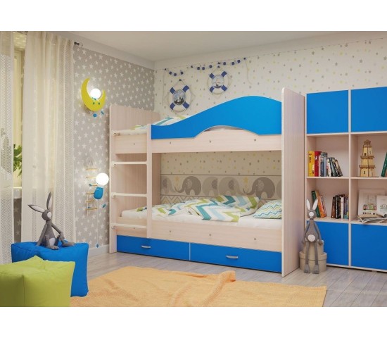 Двухъярусная кровать Мая с ящиками млечный дуб/голубой