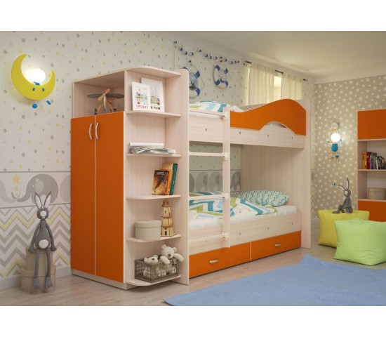 Двухъярусная кровать Мая с ящиками и шкафом млечный дуб/оранжевый