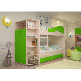 Двухъярусная кровать Мая с ящиками и шкафом млечный дуб/салатовый