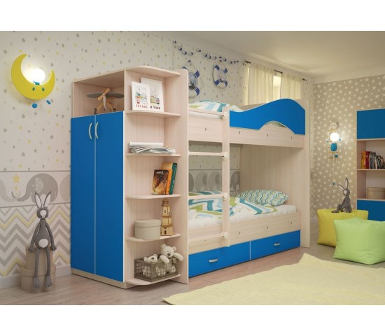 Двухъярусная кровать Мая с ящиками и шкафом млечный дуб/голубой