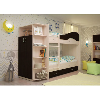 Двухъярусная кровать Мая с ящиками и шкафом млечный дуб/венге