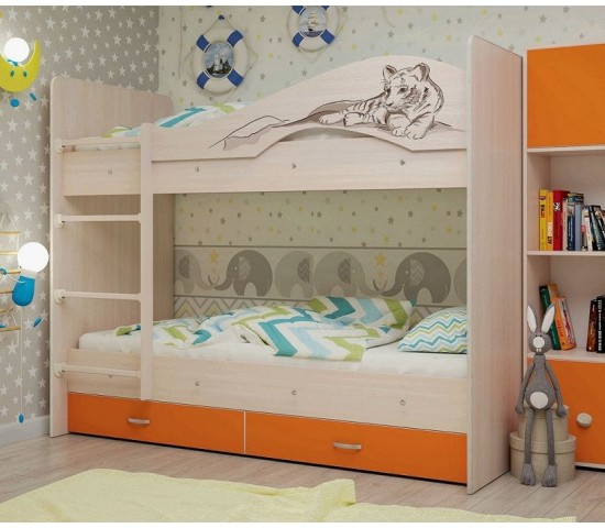 Двухъярусная кровать Мая Сафари с ящиками млечный дуб/оранжевый