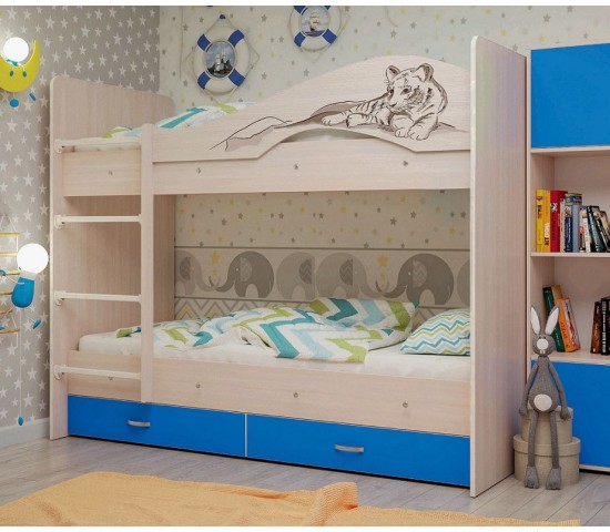 Двухъярусная кровать Мая Сафари с ящиками млечный дуб/голубой