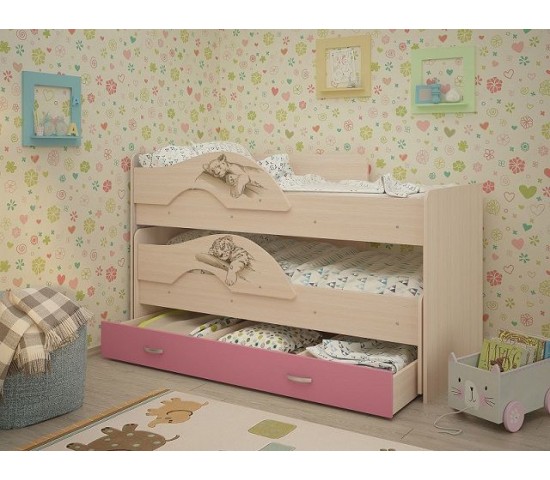 Детская выкатная кровать Радуга Сафари 1600 млечный дуб/розовый