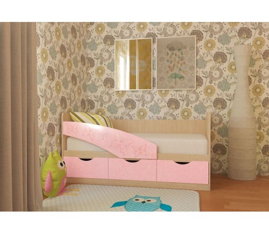 Детская кровать Бабочки три ящика розовый глянец