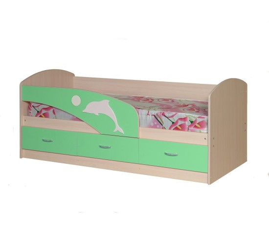 Детская кровать Дельфин 1 три ящика с ручками зеленый 