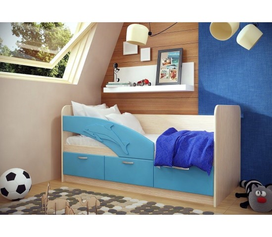Детская кровать Дельфин 3 три ящика с ручками синий глянец 