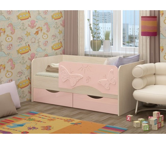 Детская кровать Бабочки два ящика розовый глянец