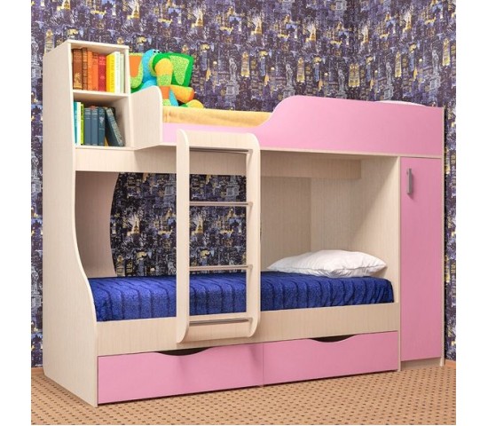 Двухъярусная кровать Башмачок Дуб молочный/Розовый