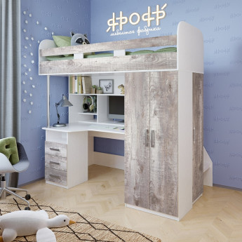 Кровать-чердак Аракс Белое дерево/Бетон