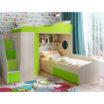 Двухъярусная кровать Кадет 2 с универсальной лестницей Дуб молочный/Лайм Двухъярусная кровать Кадет 2 с универсальной лестницей Дуб молочный/Лайм