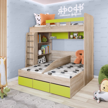 Двухъярусная кровать Трио для троих детей Дуб сонома/Лайм