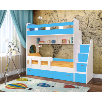 Двухъярусная кровать Юниор 1 Белое дерево/Голубой
