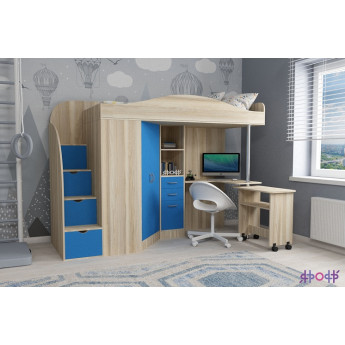 Кровать-чердак Юниор 4  Дуб сонома/Голубой