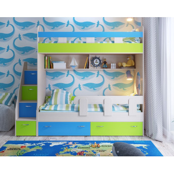 Двухъярусная кровать Юниор 1 Дуб молочный/Лайм/Голубой