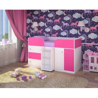 Кровать-чердак Малыш 4 Белое дерево/Розовый Кровать-чердак Малыш 4 Белое дерево/Розовый