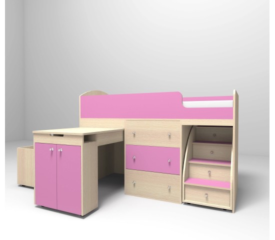 Кровать-чердак Малыш 1800 Дуб молочный/Розовый