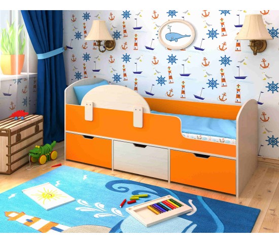 Кровать Малыш Мини Дуб молочный/Оранжевый