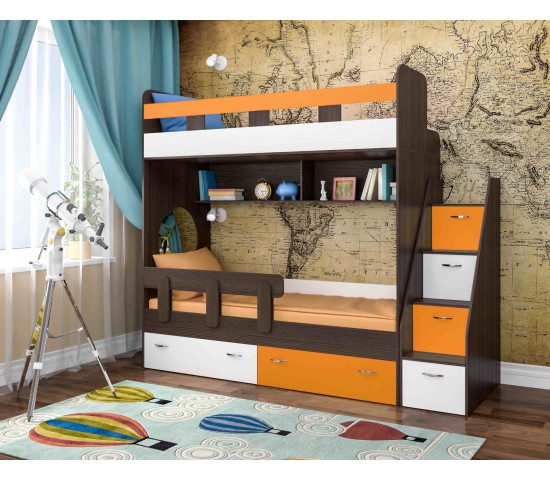 Двухъярусная кровать Юниор 1 Бодего/Оранжевый/Белое дерево