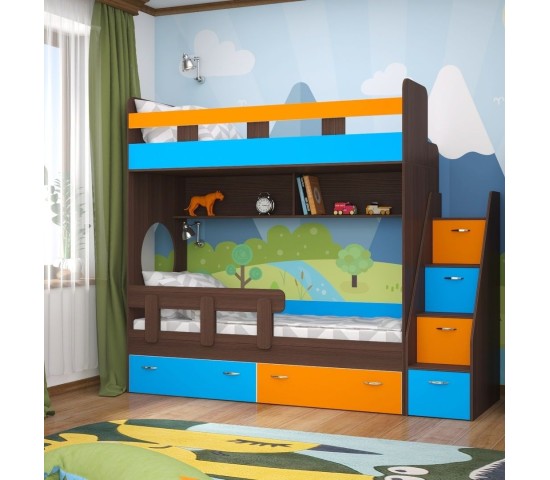 Двухъярусная кровать Юниор 1 Бодего/Оранжевый/Голубой