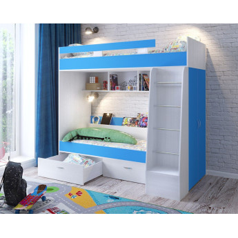 Двухъярусная кровать Юниор 6 Белое дерево/Голубой